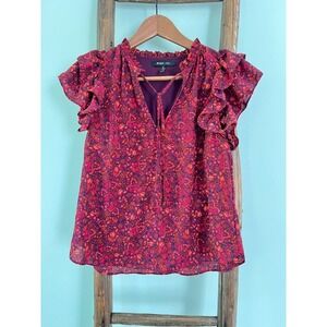 BCBG Paris‎ Ruffle Sleeve Blouse Floral Print V-Neck Top Size XS